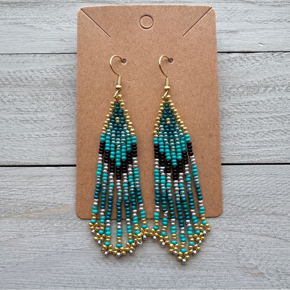 Unique Turquoise Teal Gold Silver‎ Beaded Earrings 3.25 Beaded Earring Handmade